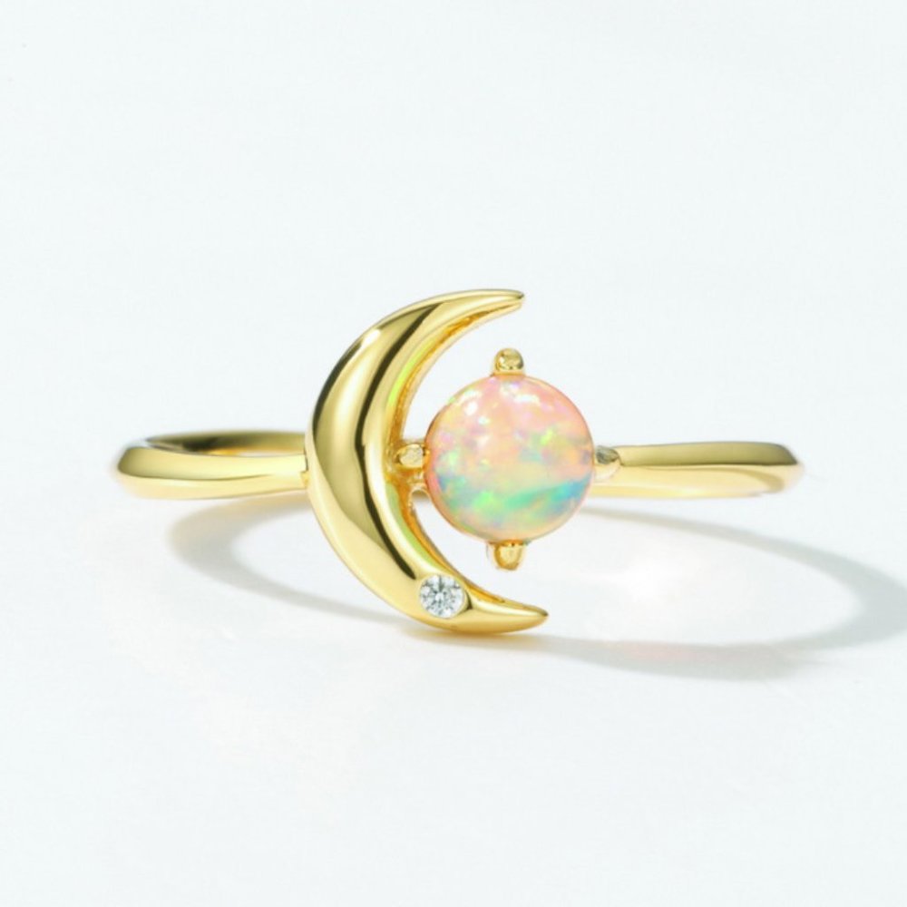 Gold Vermeil 14K Gold Layered over Sterling  Silver Crescent Opal Moon Open Ring
